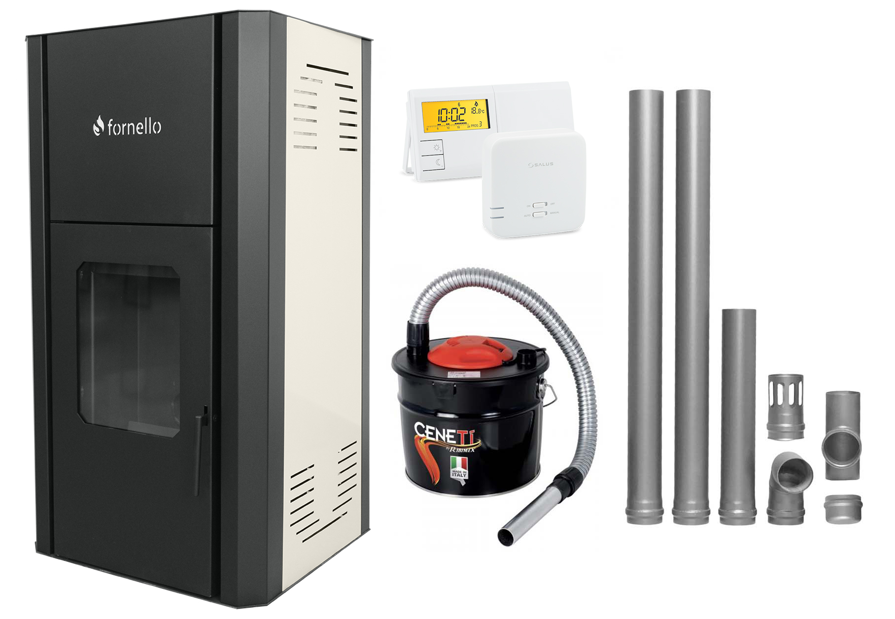 Pachet Termosemineu peleti Fornello Primo Pellet Ivory 30 kw, complet echipat cu pompa, vas expansiune, automatizare, culoare Ivory, kit evacuare 2.5 ml, Termostat Salus 091FLRFV2, Aspirator Cenusa