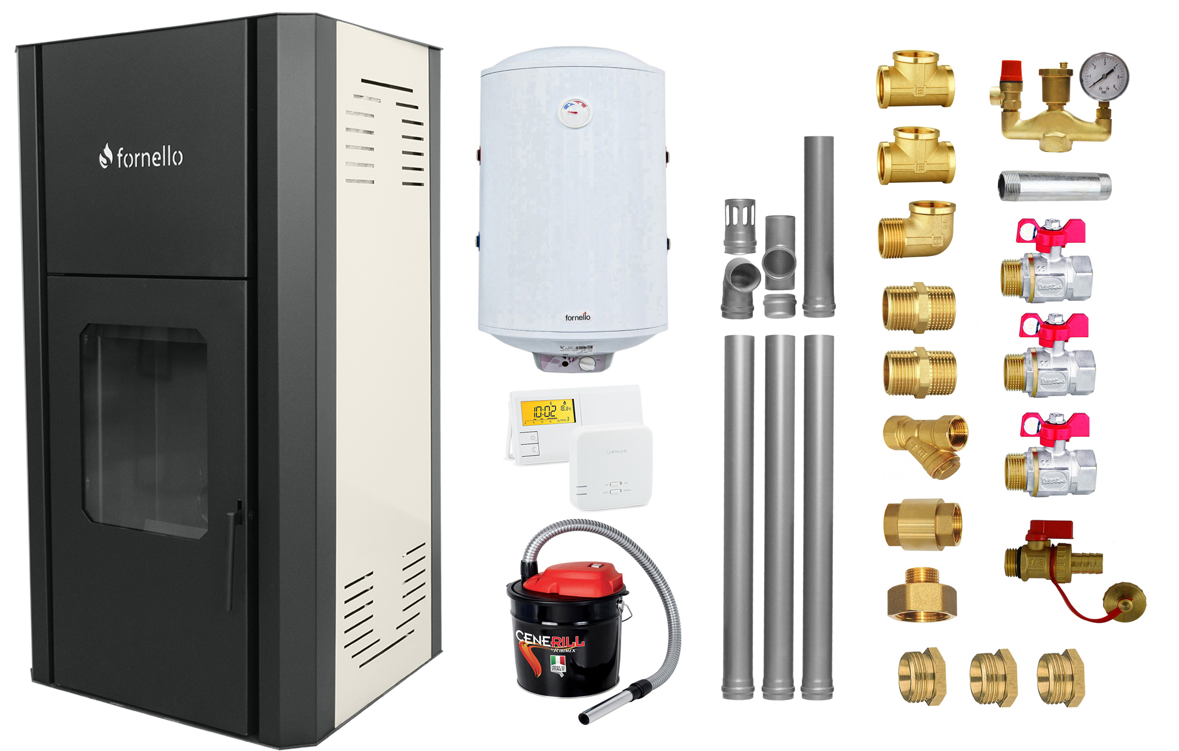 Pachet Termosemineu peleti Fornello Primo Pellet Ivory 30 kw, complet echipat pentru incalzire, pompa, vas expansiune, automatizare, kit evacuare 3.5 ml, Boiler Termoelectric Fornello 100 l, Termostat Salus 091FLRFV2, Aspirator si kit monta