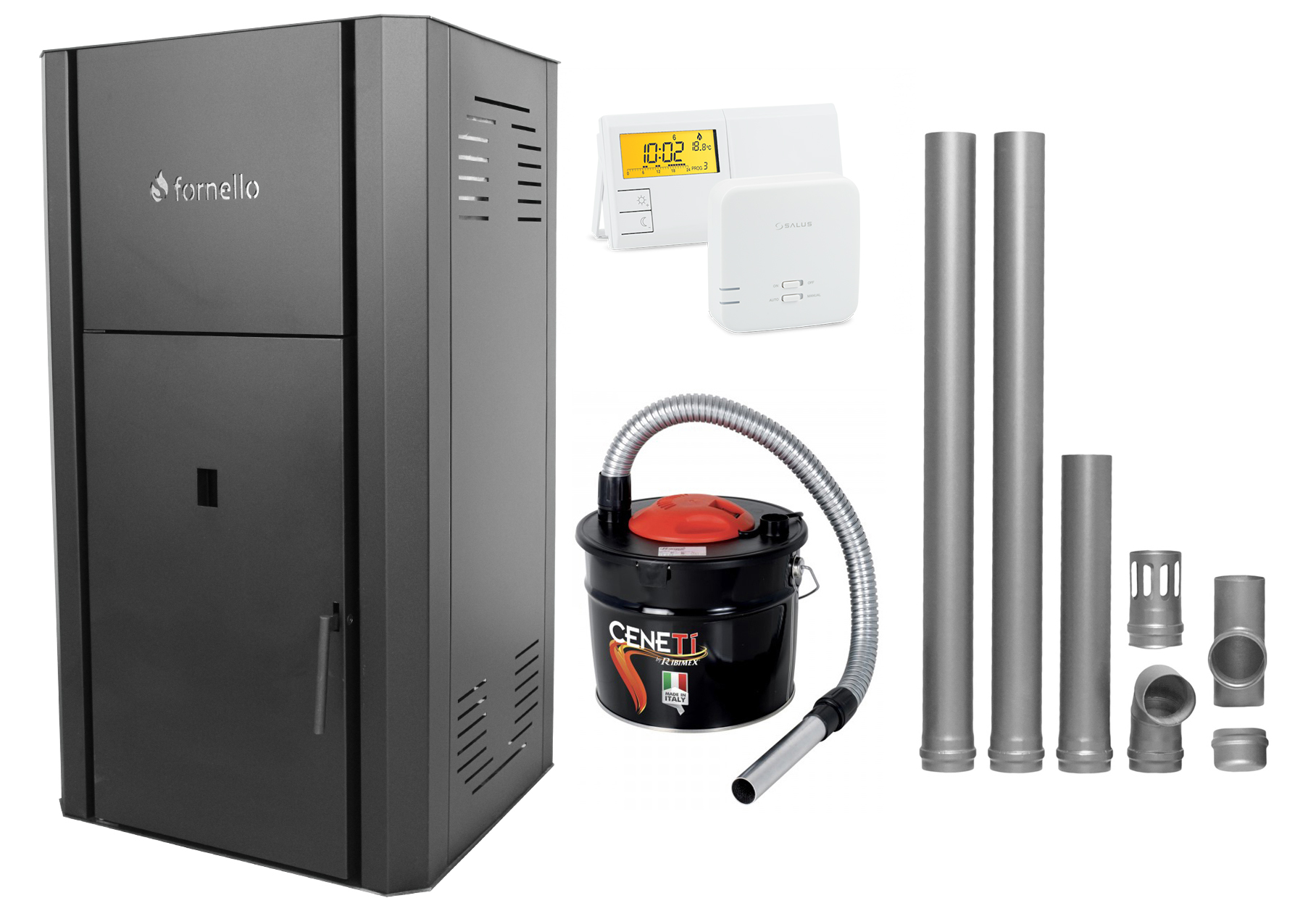 Pachet Centrala peleti Fornello Primo Pellet Black 25 kw, complet echipata pentru  incalzire, pompa circulatie, vas  expansiune,  automatizare, kit evacuare 2.5 ml, Termostat Salus 091FLRFV2, Aspirator Cenusa