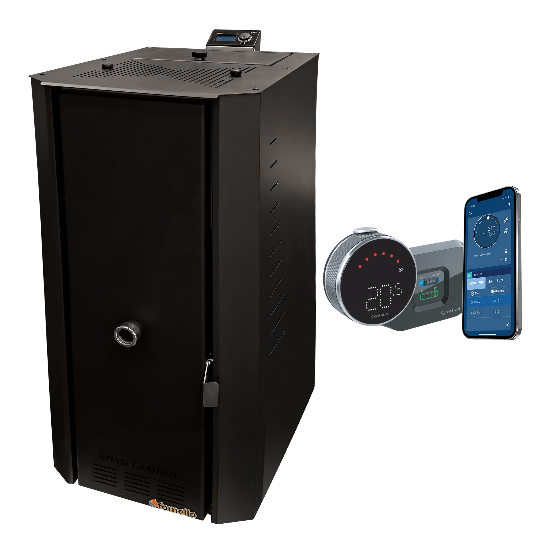 Pachet control de la distanta Centrala termica pe peleti Fornello Rossi B Black 25 kw, pompa de circulatie, vas expansiune, tiraj fortat, curatare facila a drumurilor de fum, Ecodesign, A+ si termostat Salus IT 800