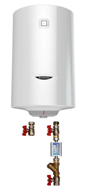 Pachet Boiler termoelectric Ariston PRO1 R 80 VTS 1.8K, 1800W, serpentina pe partea stanga, supapa siguranta si kit de montaj inclus