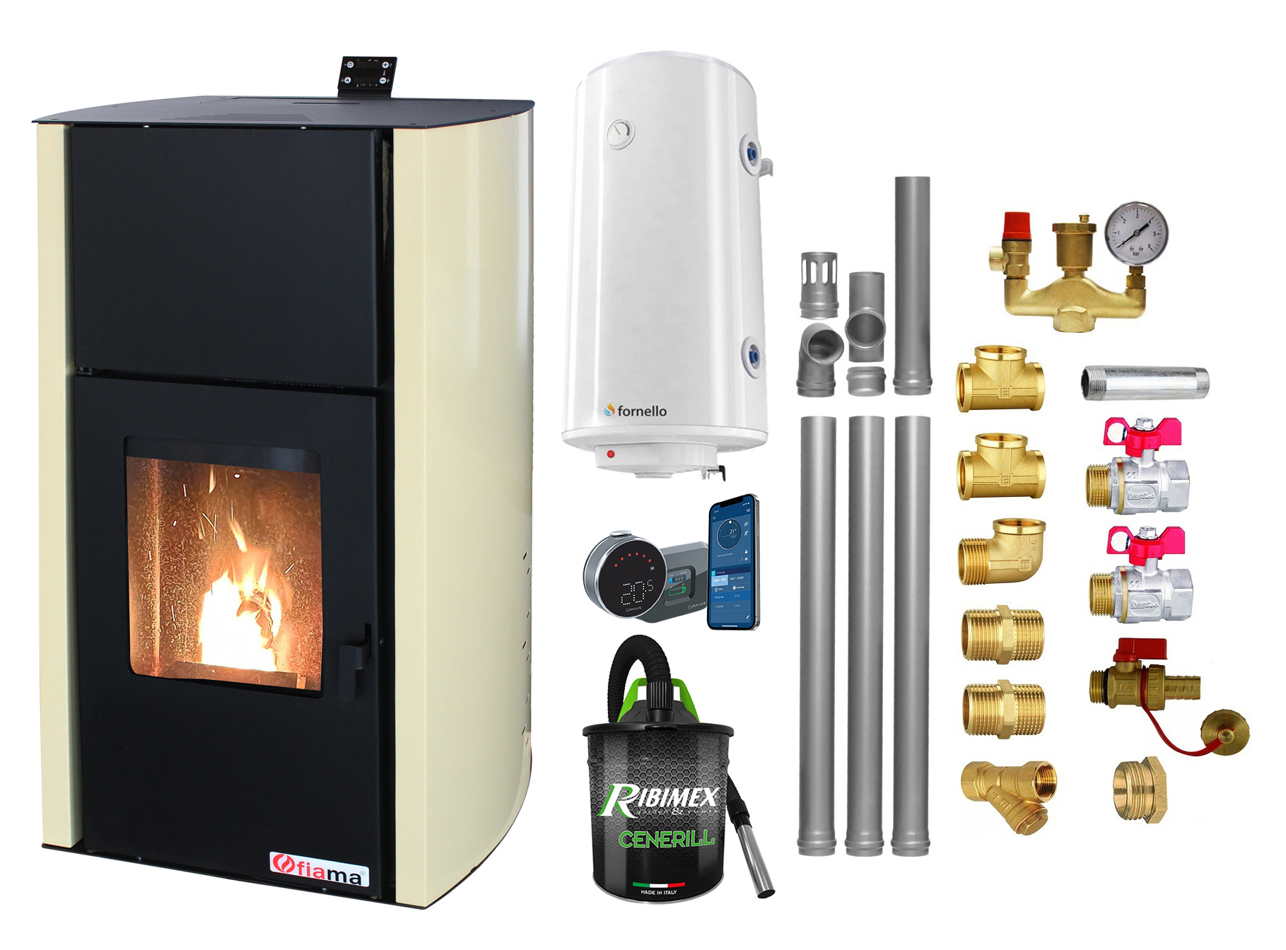 Pachet control de la distanta, Termosemineu pe peleti Fornello Fiama Confort 25 kw, complet echipat pentru incalzire, Pompa, Vas expansiune, Automatizare, Boiler 100 litri, Termostat Salus IT 800, Aspirator, Kit evacuare 3.5 ml si Fitinguri