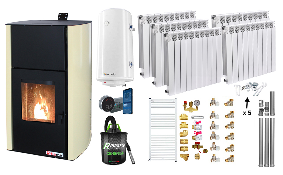 Pachet control de la distanta, Termosemineu pe peleti Fornello Fiama Confort 25 kw, Pompa, Vas expansiune, Automatizare, Calorifere aluminiu Fornello Alvo, Boiler 100 litri, Termostat, Aspirator, Kit 3.5 ml si Fitinguri montaj