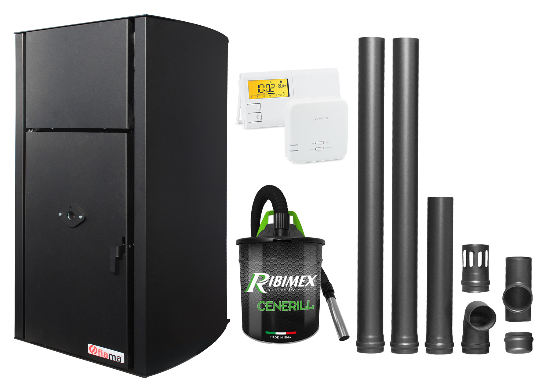 Pachet Centrala pe peleti Fornello Fiama Confort B 25 kw, complet echipata pentru incalzire, Pompa, Vas expansiune, Automatizare, Termostat Radio Comanda Salus 091FLRFV2, Aspirator Cenusa si Kit evacuare 2.5 ml