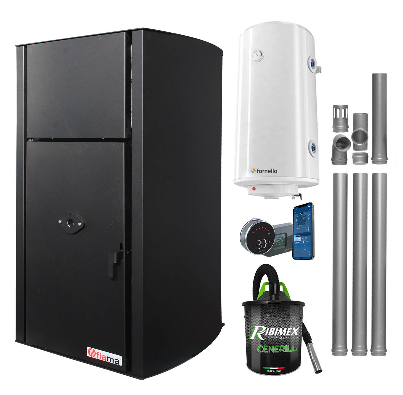 Pachet control de la distanta, Centrala pe peleti Fornello Fiama Confort  B 25 kw, complet echipata pentru incalzire, Pompa, Vas expansiune, Automatizare, Boiler 100 litri, Termostat Salus IT 800, Aspirator Cenusa si Kit evacuare 3.5 ml
