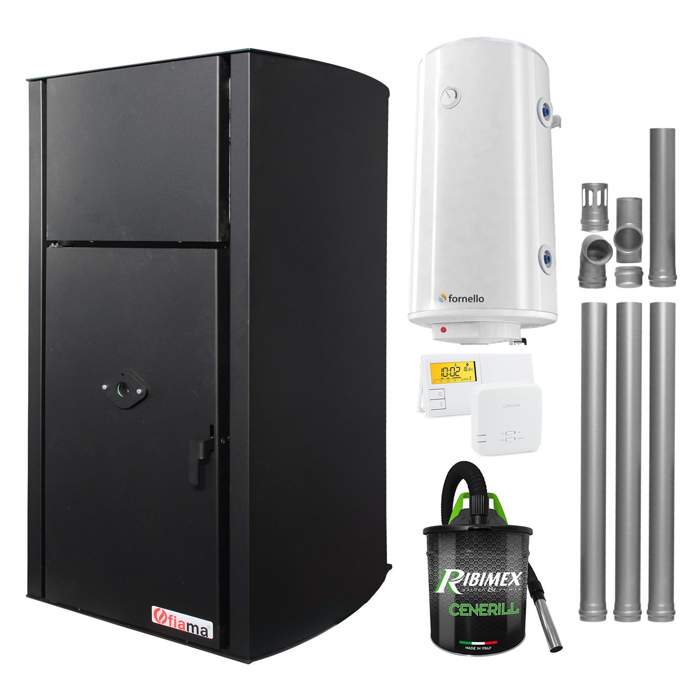 Pachet Centrala pe peleti Fornello Fiama Confort  B 25 kw, complet echipata pentru incalzire, Pompa, Vas expansiune, Automatizare, Boiler 100 litri, Termostat Radio Comanda Salus 091FLRFV2, Aspirator Cenusa si Kit evacuare 3.5 ml