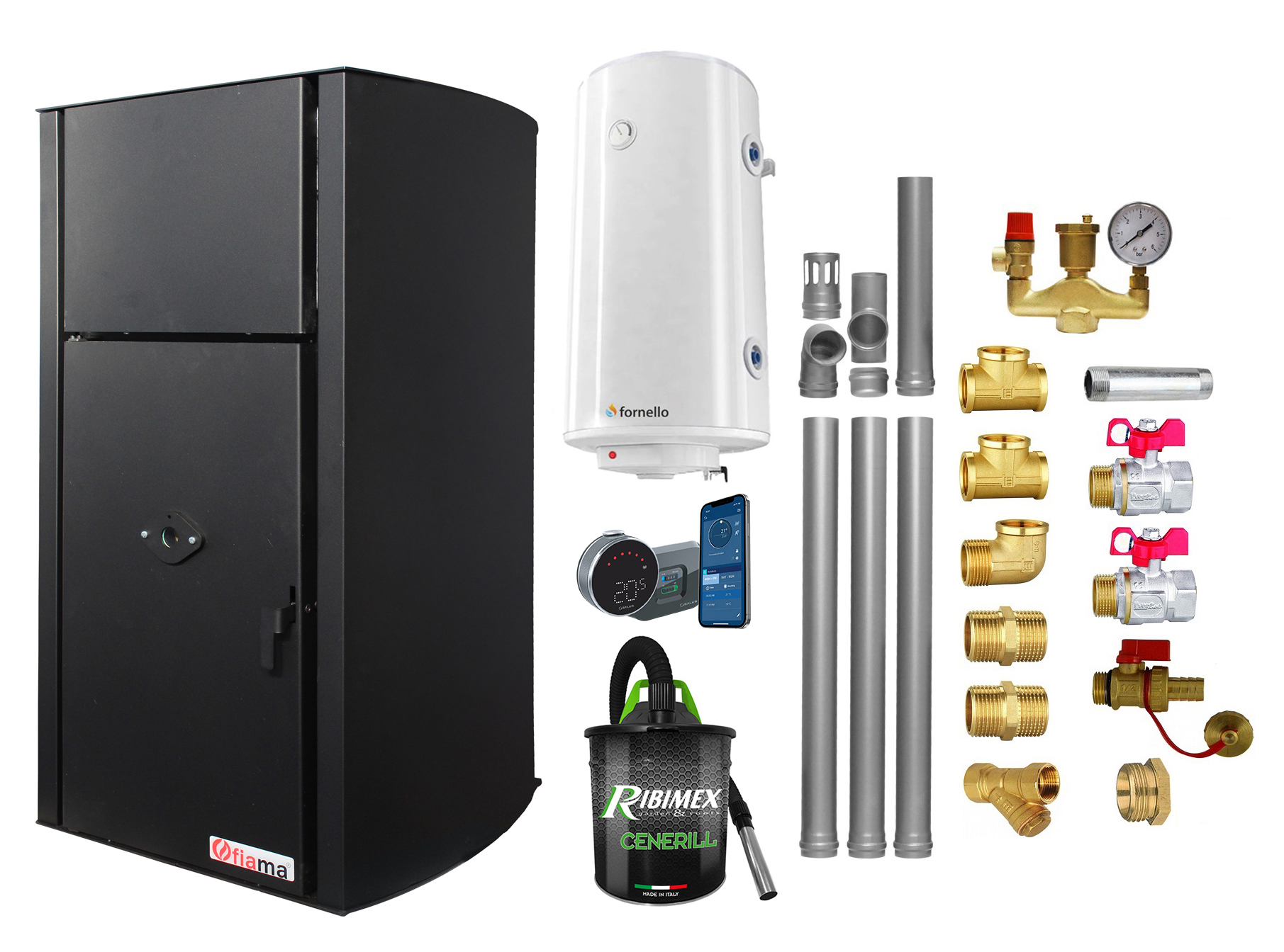Pachet control de la distanta, Centrala pe peleti Fornello Fiama Confort B 25 kw, complet echipata pentru incalzire, Pompa, Vas expansiune, Automatizare, Boiler 100 litri, Termostat Salus IT 800, Aspirator, Kit evacuare 3.5 ml si Fitinguri 