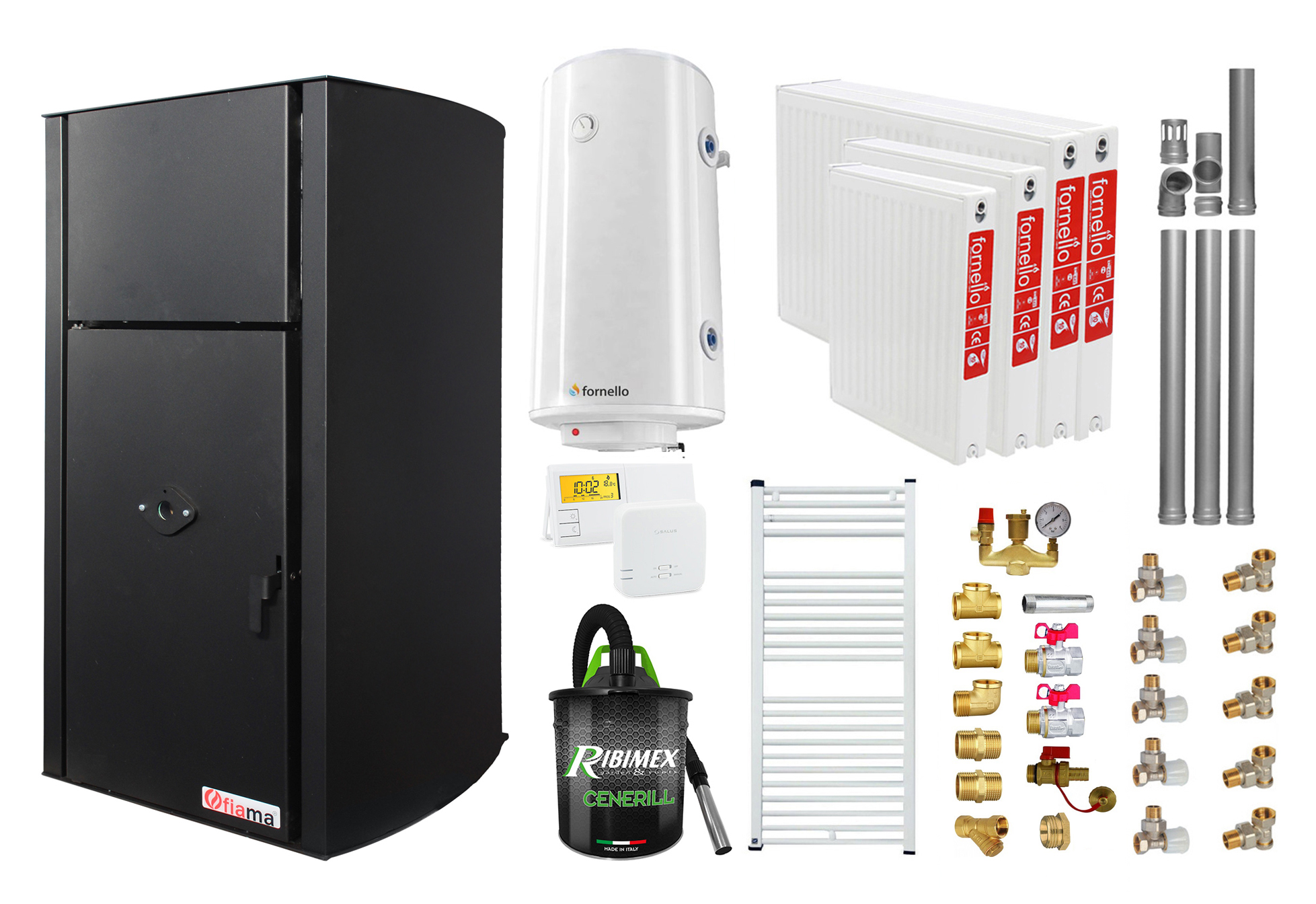 Pachet Centrala pe peleti Fornello Fiama Confort  B 25 kw, complet echipata pentru incalzire, Pompa, Vas expansiune, Automatizare, Radiatoare otel, Boiler 100 litri, Termostat, Aspirator, Kit 3.5 ml si Fitinguri montaj