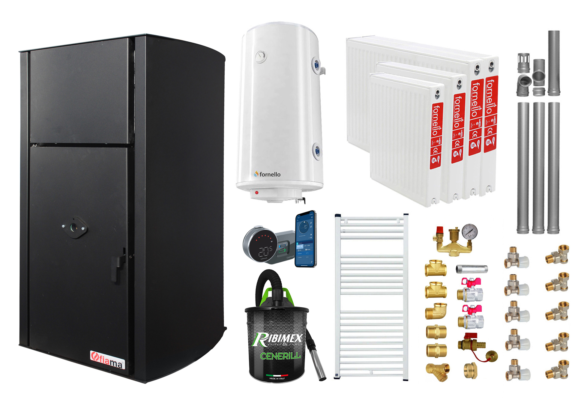 Pachet control de la distanta, Centrala pe peleti Fornello Fiama Confort B 25 kw, Pompa, Vas expansiune, Automatizare, Radiatoare otel, Boiler 100 litri, Termostat, Aspirator, Kit evacuare 3.5 ml si Fitinguri montaj