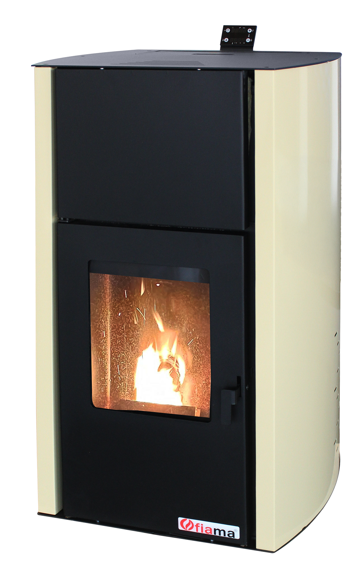 Termosemineu pe peleti Fornello Fiama Confort 18 kw, complet echipat pentru incalzire, pompa, vas expansiune, automatizare, buncar peleti 15 kg,  tiraj fortat, culoare Crem, aprindere automata, pana la 120 mp