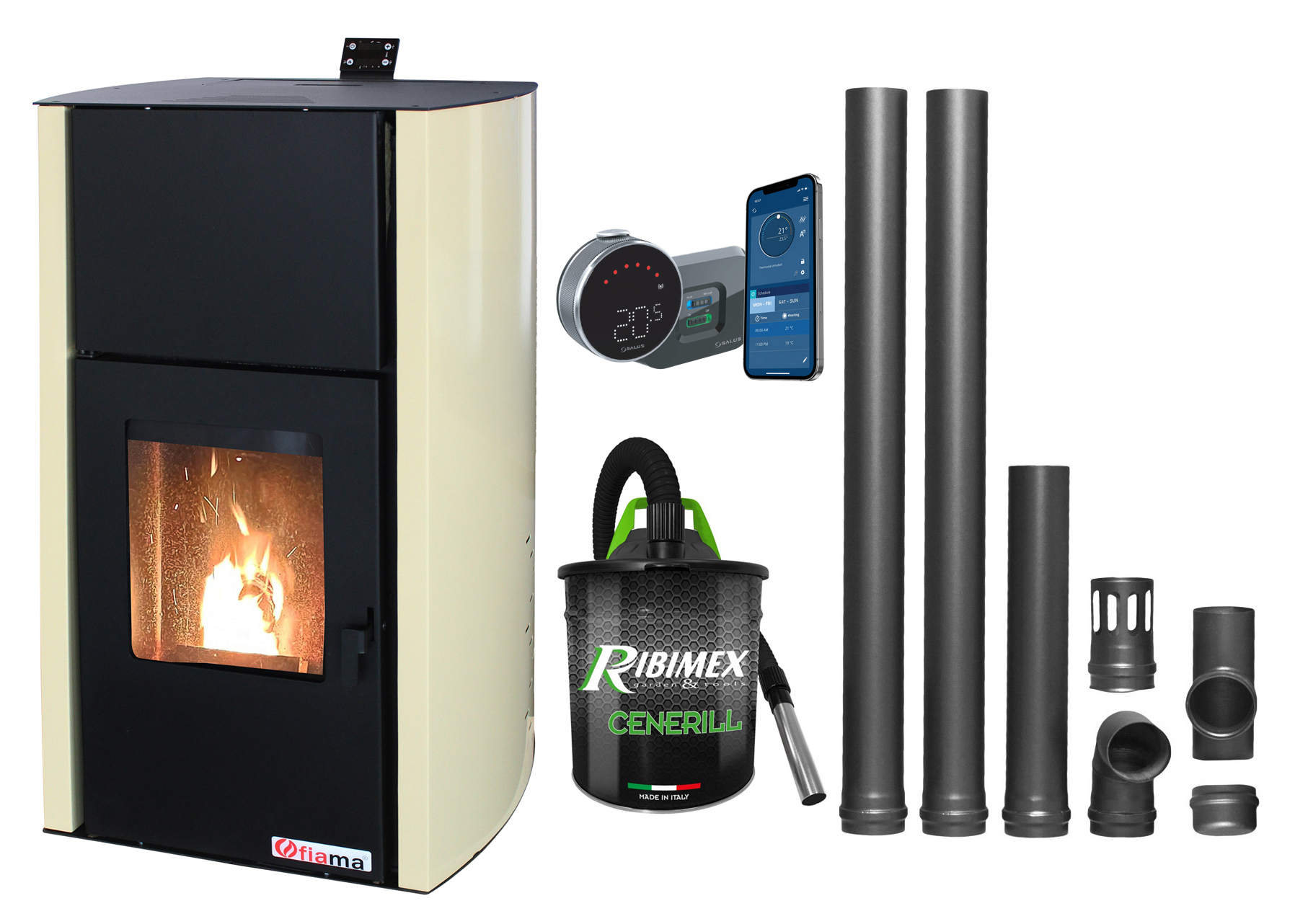 Pachet control de la distanta, Termosemineu pe peleti Fornello Fiama Confort 12 kw, complet echipat pentru incalzire, Pompa, Vas expansiune, Automatizare, Termostat ambiental Salus IT 800, Aspirator Cenusa si Kit evacuare 2.5 ml