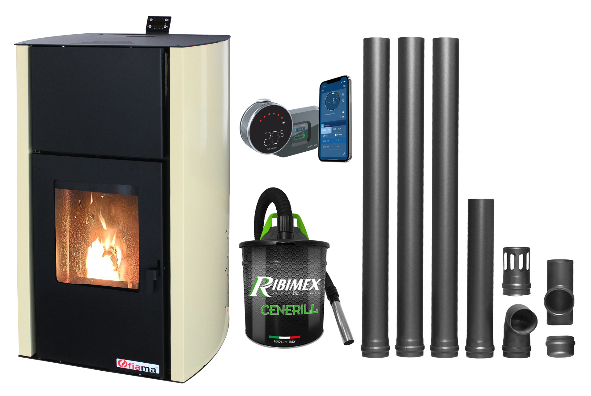 Pachet control de la distanta, Termosemineu pe peleti Fornello Fiama Confort 12 kw, complet echipat pentru incalzire, Pompa, Vas expansiune, Automatizare, Termostat ambiental Salus IT 800, Aspirator Cenusa si Kit evacuare 3.5 ml