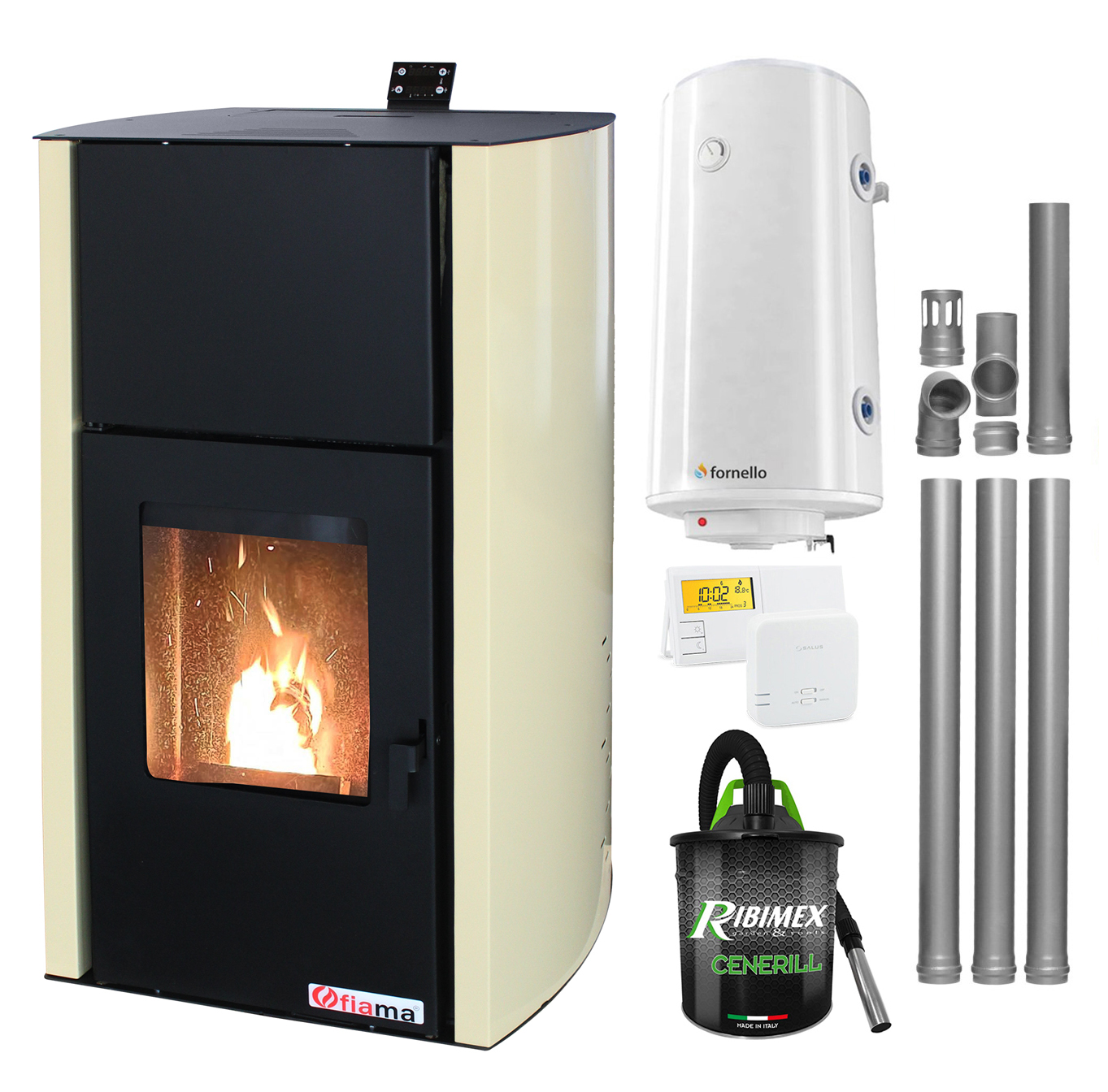 Pachet Termosemineu pe peleti Fornello Fiama Confort 12 kw, complet echipat pentru incalzire, Pompa, Vas expansiune, Automatizare, Boiler 100 litri, Termostat Salus 091FLRFV2, Aspirator Cenusa si Kit evacuare 3.5 ml