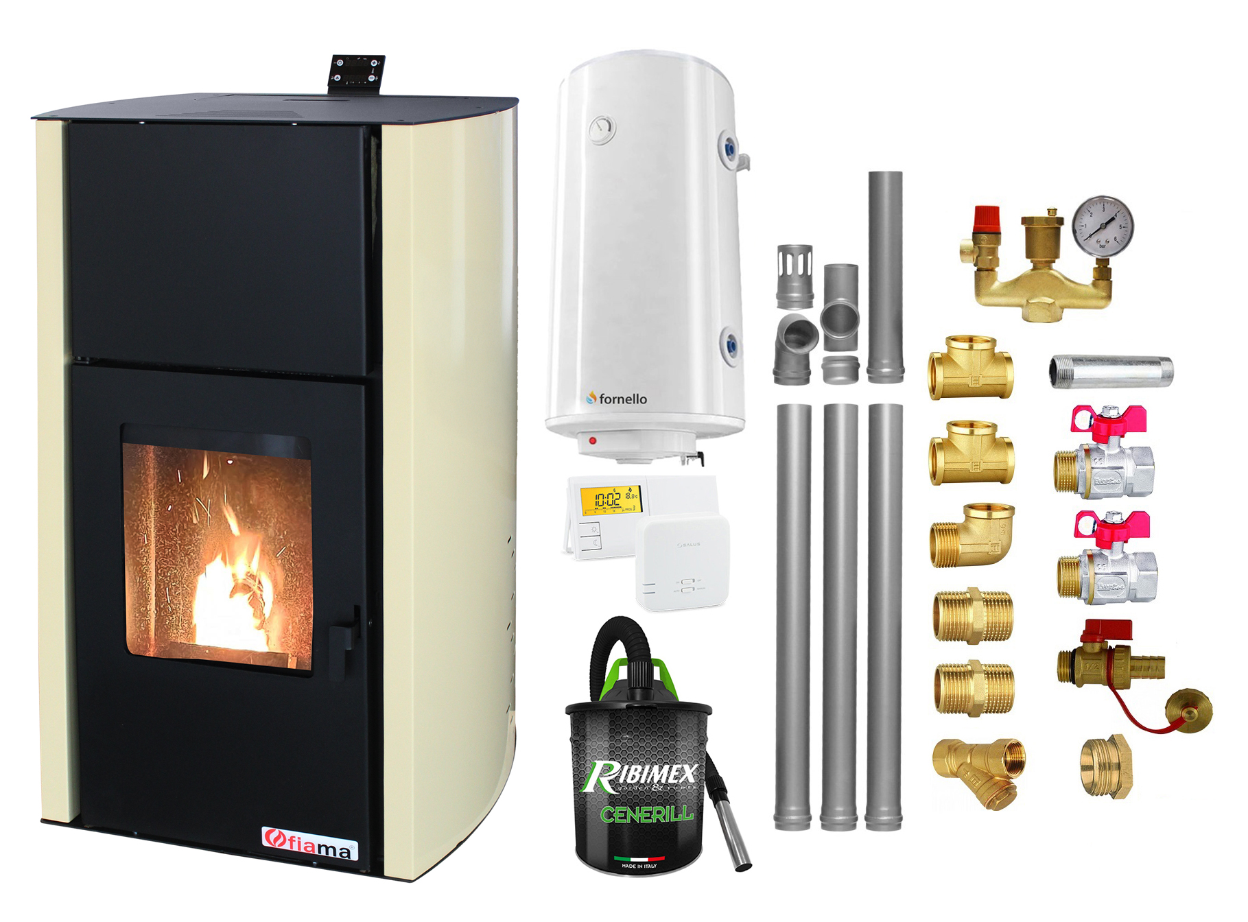 Pachet Termosemineu pe peleti Fornello Fiama Confort 12 kw, complet echipat pentru incalzire, Pompa, Vas expansiune, Automatizare, Boiler 100 litri, Termostat Salus 091FLRFV2, Aspirator, Kit evacuare 3.5 ml si Fitinguri montaj