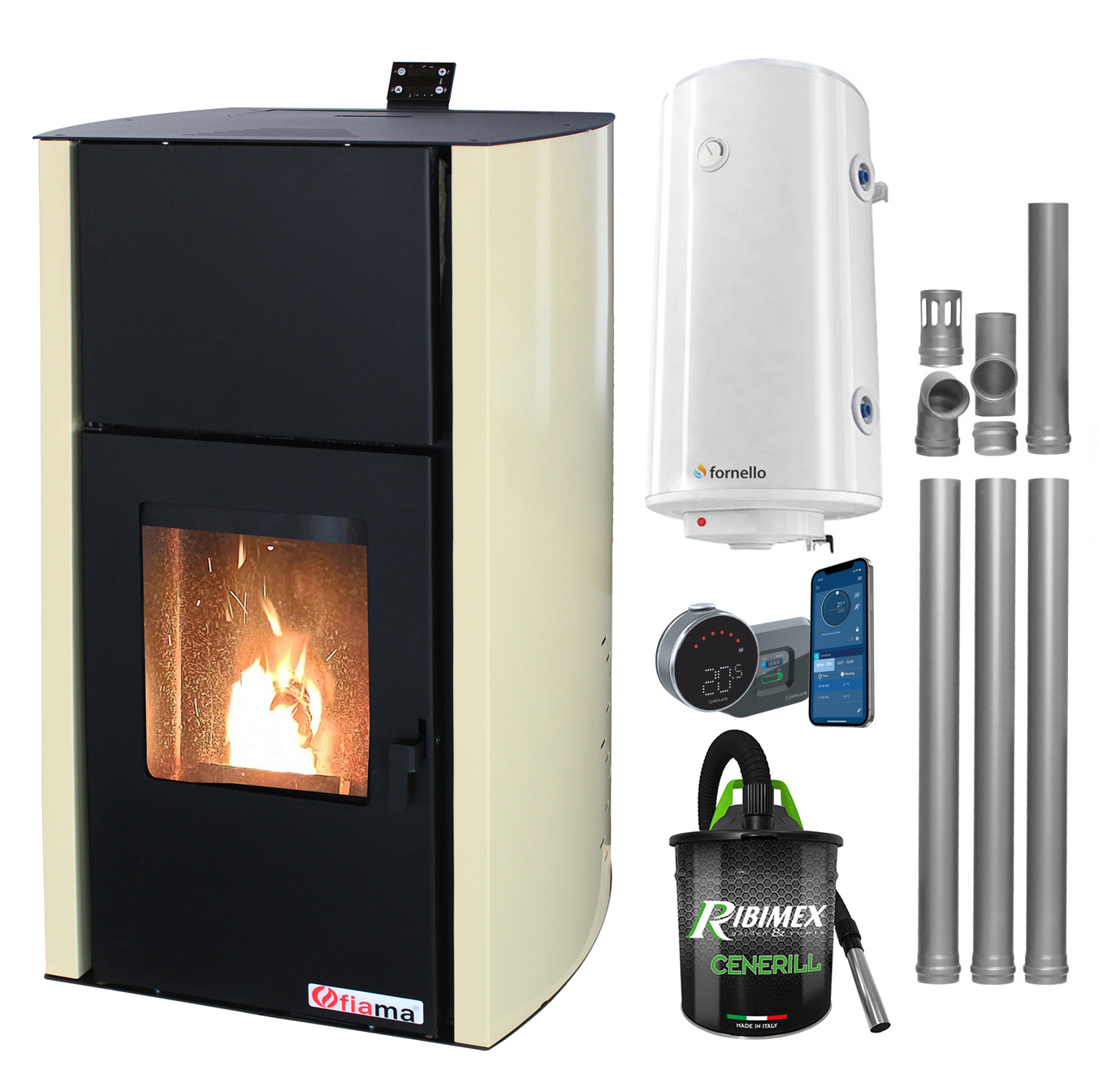 Pachet control de la distanta, Termosemineu pe peleti Fornello Fiama Confort 12 kw, complet echipat pentru incalzire, Pompa, Vas expansiune, Automatizare, Boiler 100 litri, Termostat Salus IT 800, Aspirator Cenusa si Kit evacuare 3.5 ml