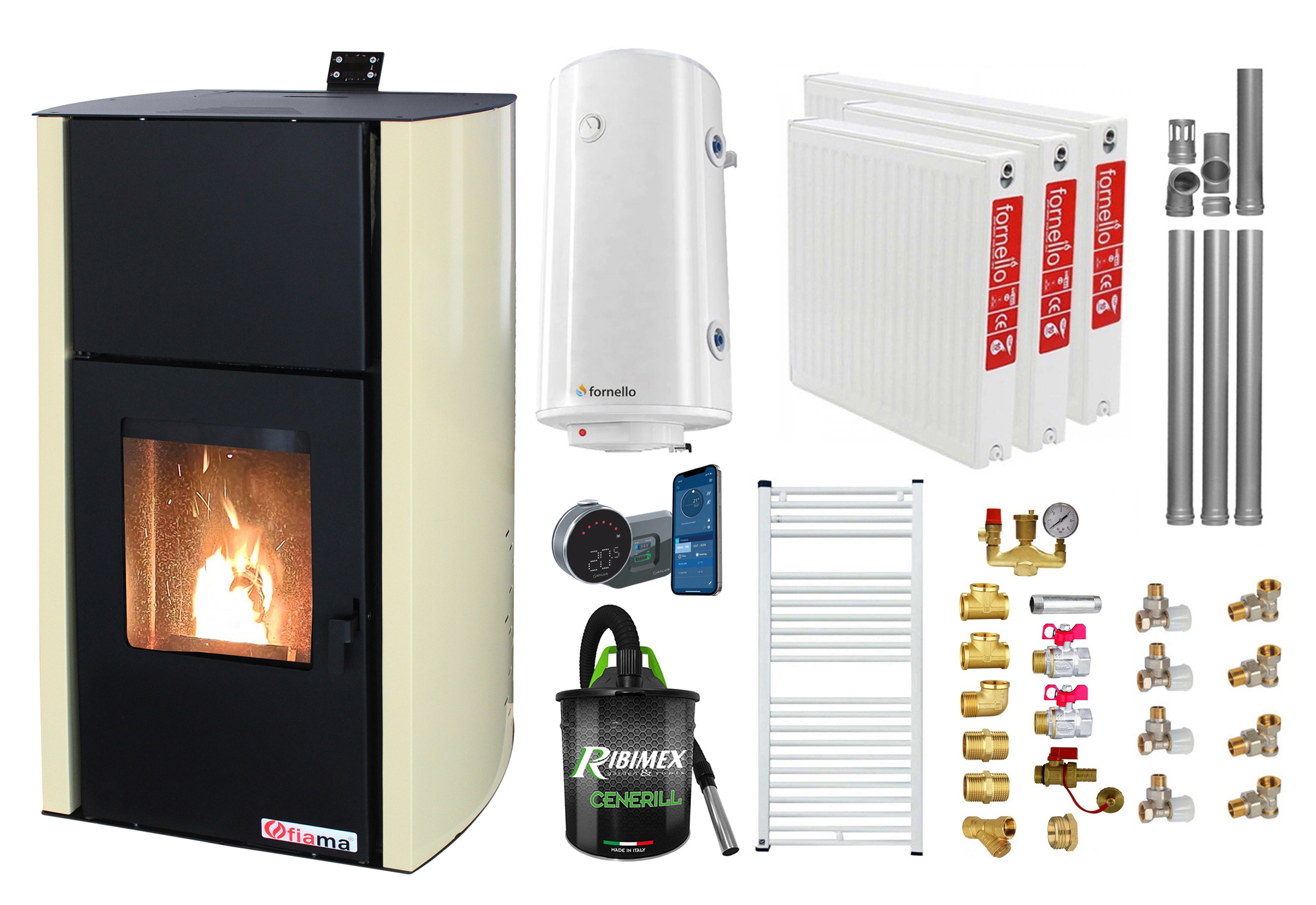 Pachet control de la distanta, Termosemineu pe peleti Fornello Fiama Confort 12 kw, Pompa, Vas expansiune, Automatizare, Radiatoare otel, Boiler 100 litri, Termostat, Aspirator, Kit 3.5 ml si Fitinguri montaj