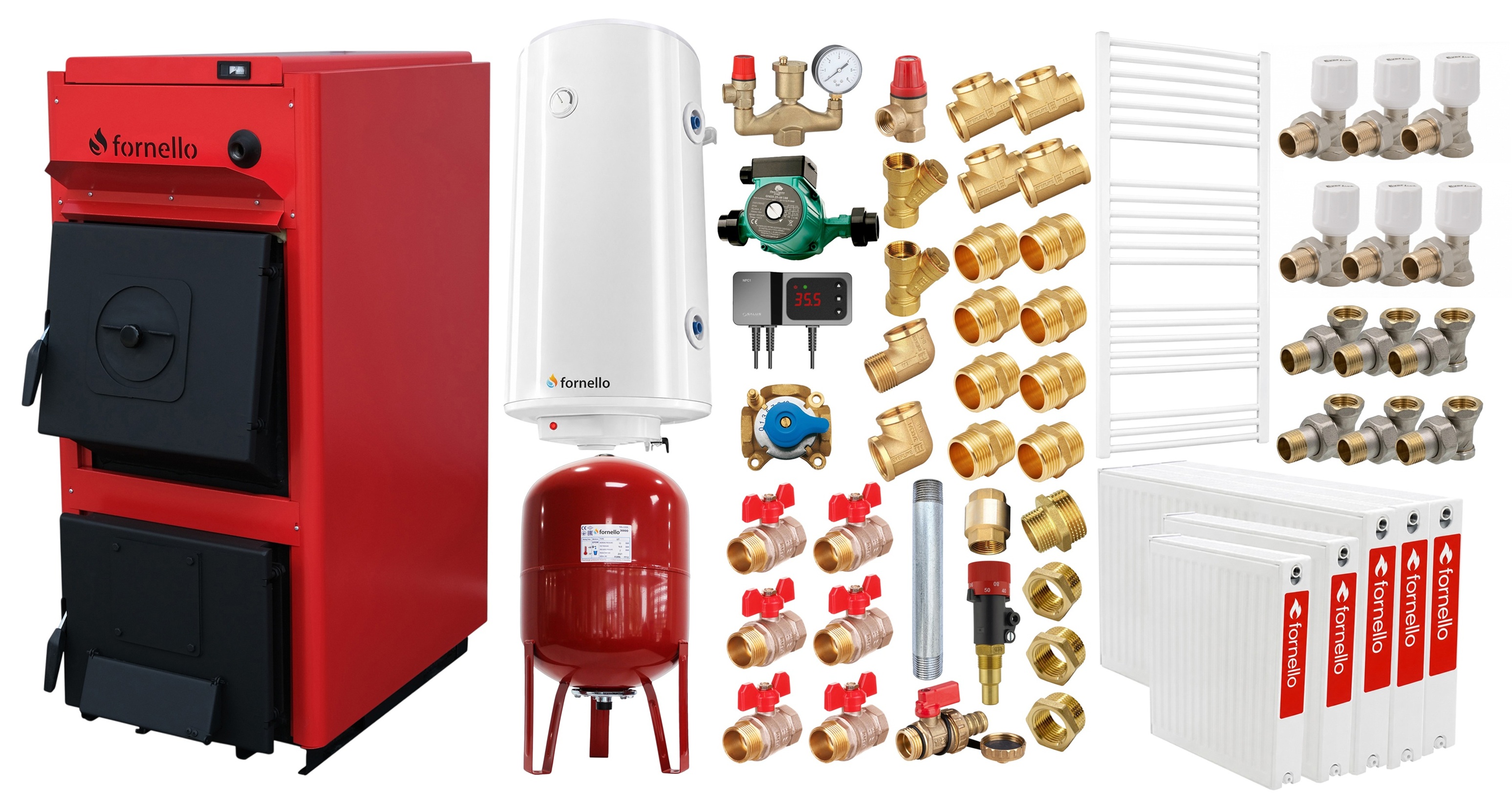 Pachet centrala pe combustibil solid Fornello T-PRO 35 kW, radiatoare otel, boiler, vas expansiune, fitinguri si accesorii de baza
