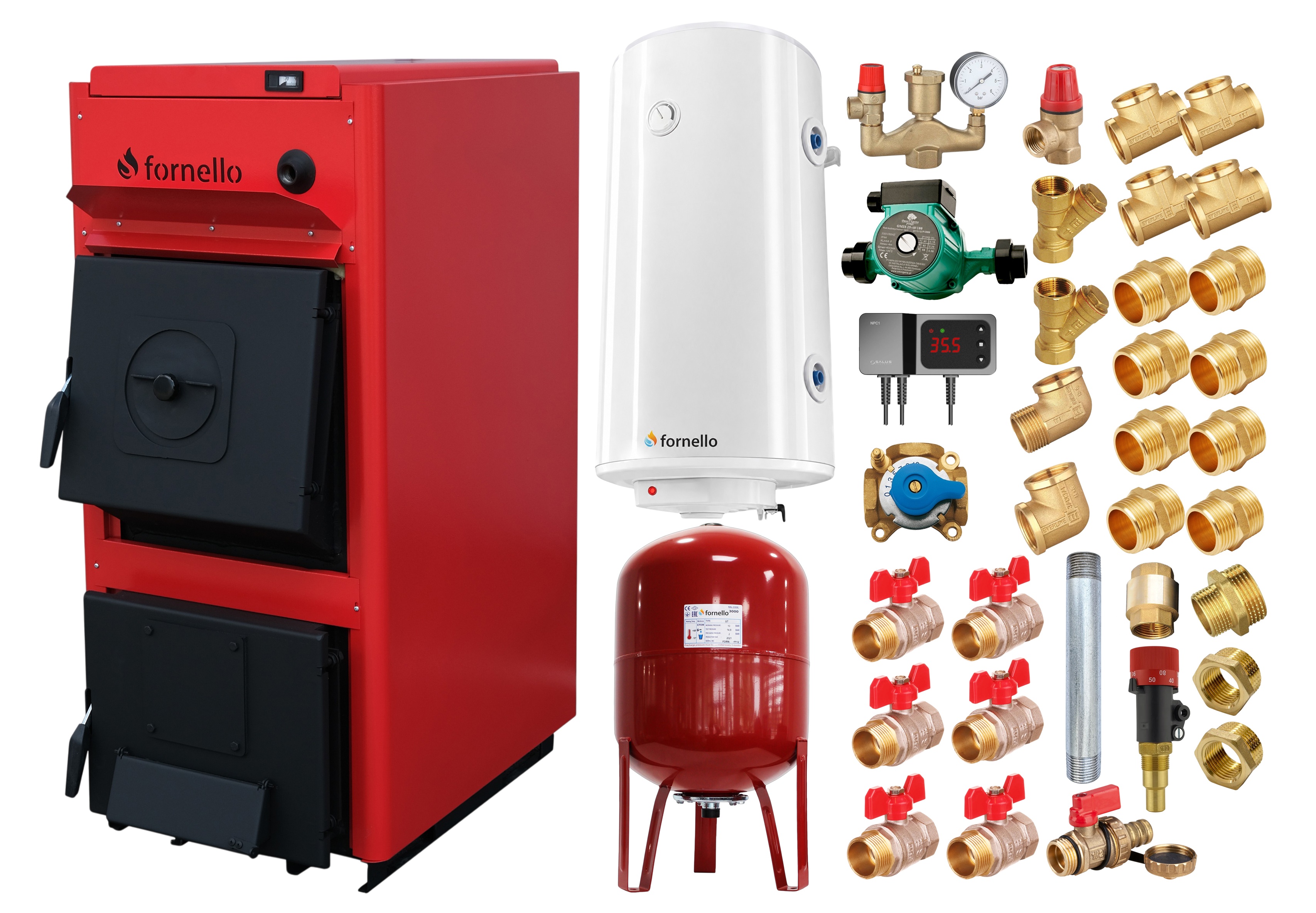 Pachet centrala pe combustibil solid Fornello T-PRO 50 kW, boiler, vas expansiune, fitinguri si accesorii de baza