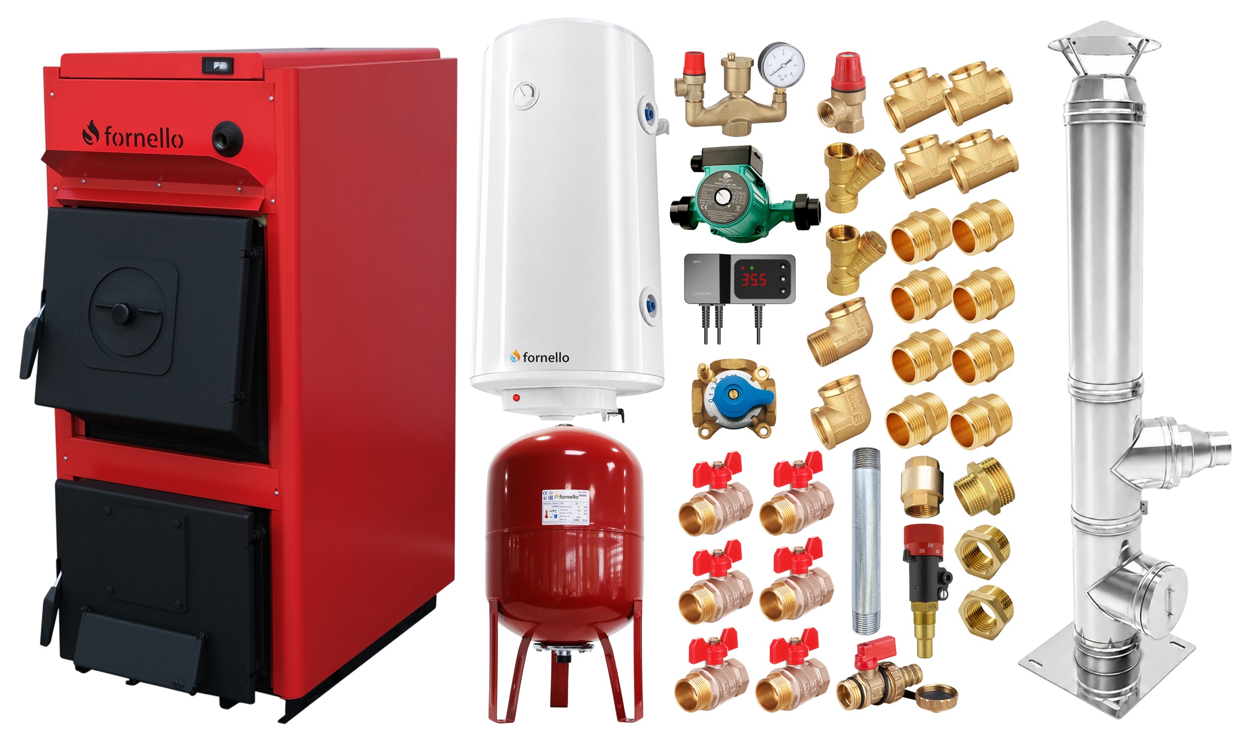 Pachet centrala pe combustibil solid Fornello T-PRO 50 kW, boiler, cos inox, boiler, vas expansiune, fitinguri si accesorii de baza