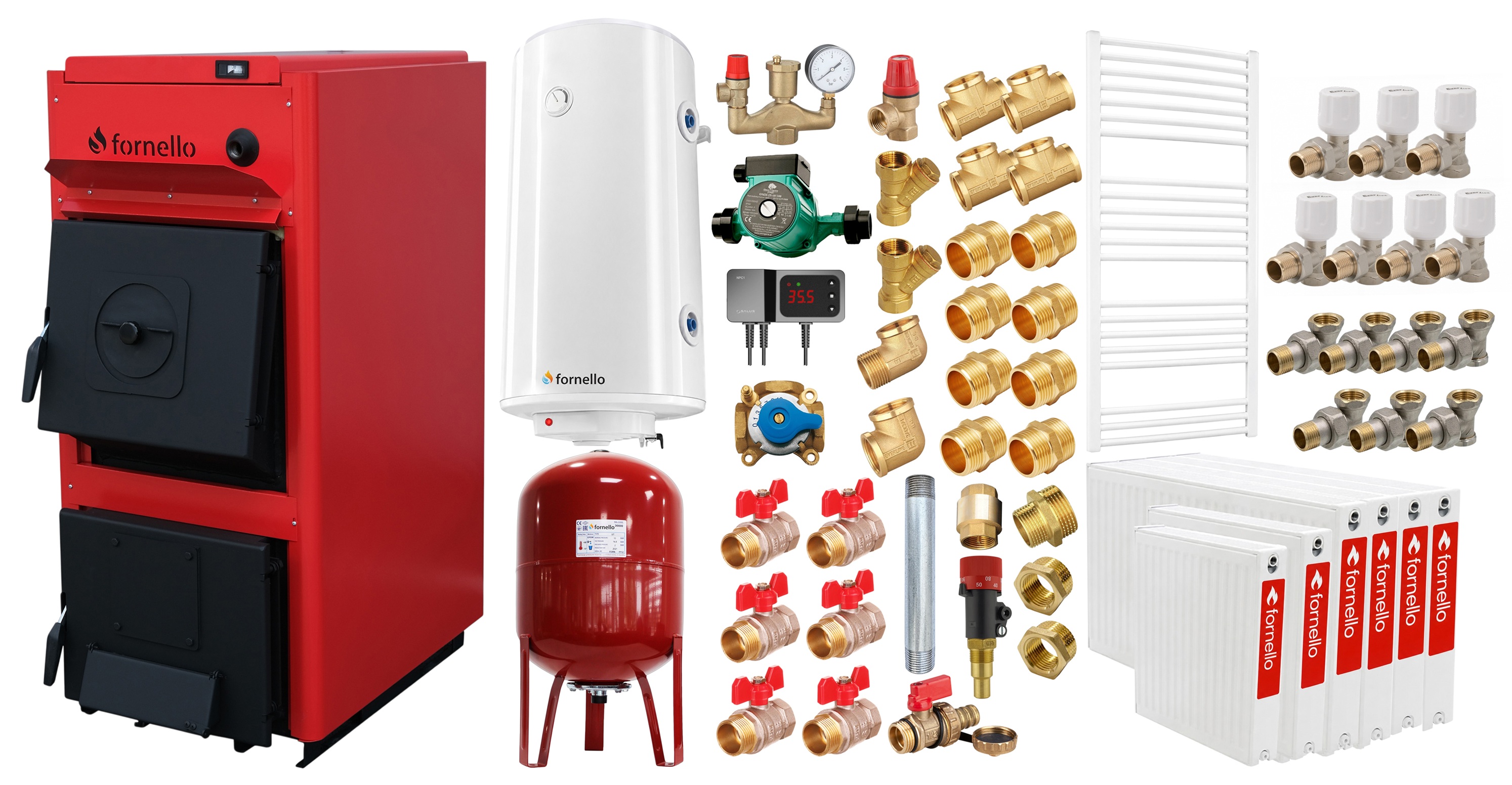 Pachet centrala pe combustibil solid Fornello T-PRO 50 kW, radiatoare otel, boiler, vas expansiune, fitinguri si accesorii de baza