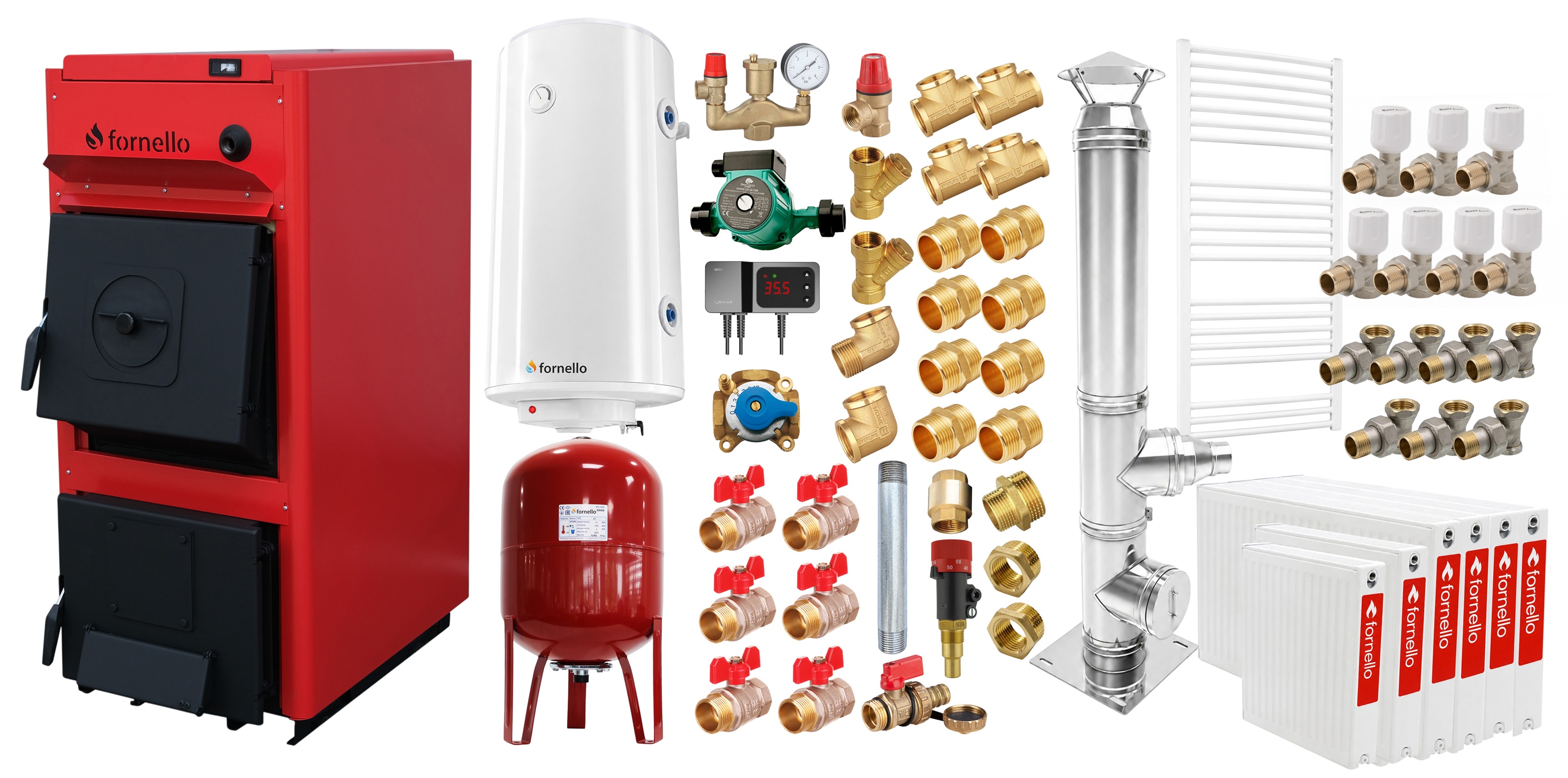 Pachet centrala pe combustibil solid Fornello T-PRO 50 kW, cos inox, radiatoare otel, boiler, vas expansiune, fitinguri si accesorii de baza