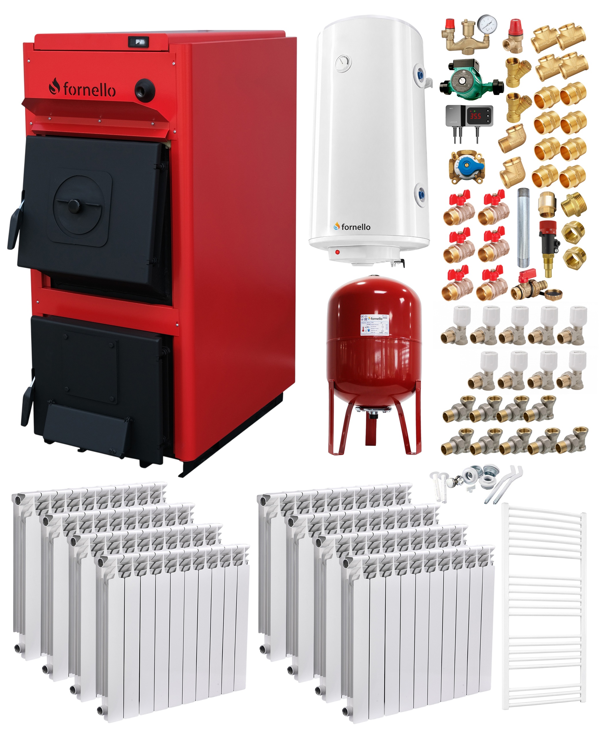 Pachet centrala pe combustibil solid Fornello T-PRO 50 kW, calorifere aluminiu, boiler, vas expansiune, fitinguri si accesorii de baza