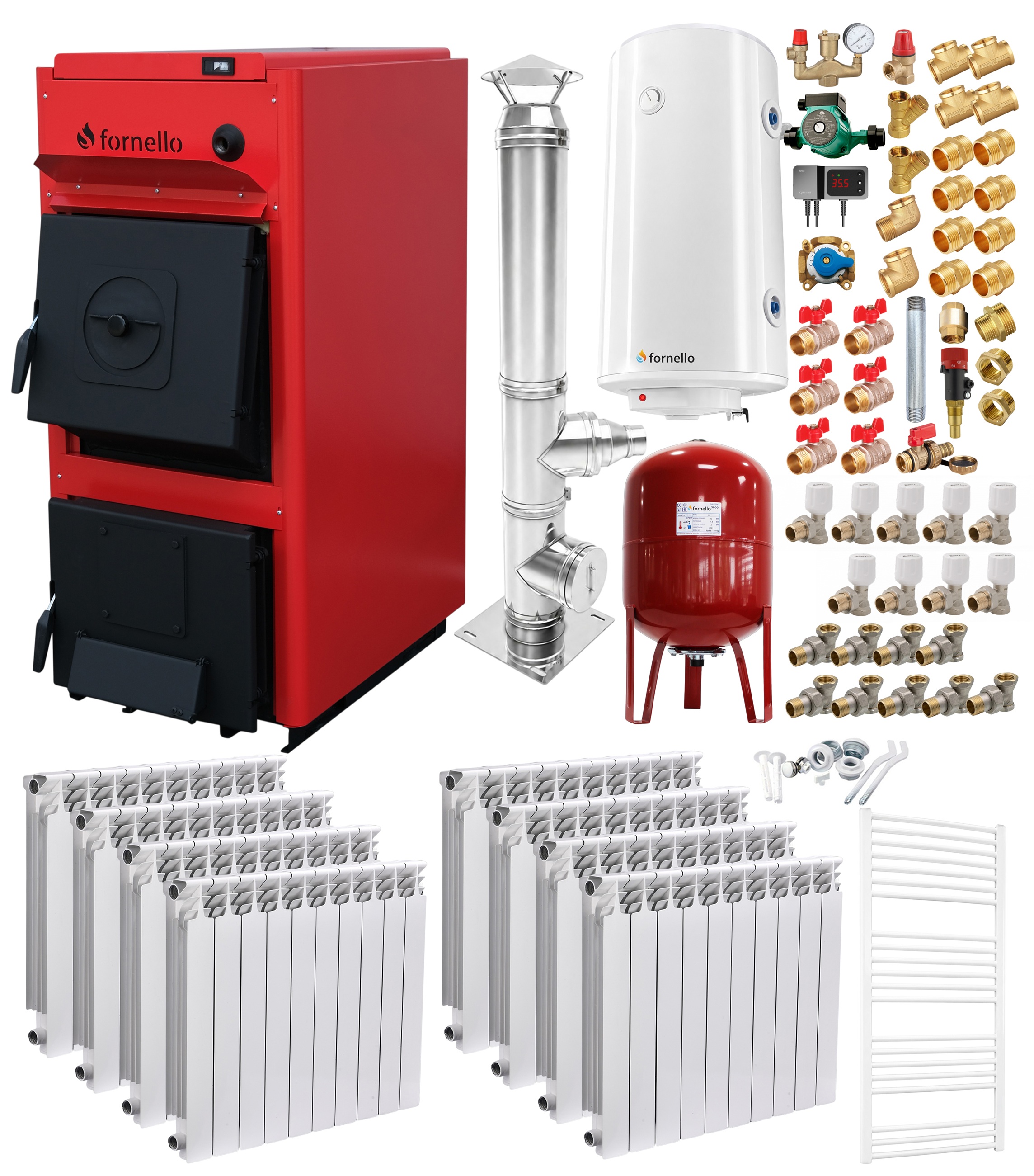 Pachet centrala pe combustibil solid Fornello T-PRO 50 kW, cos Inox, calorifere aluminiu, boiler, vas expansiune, fitinguri si accesorii de baza