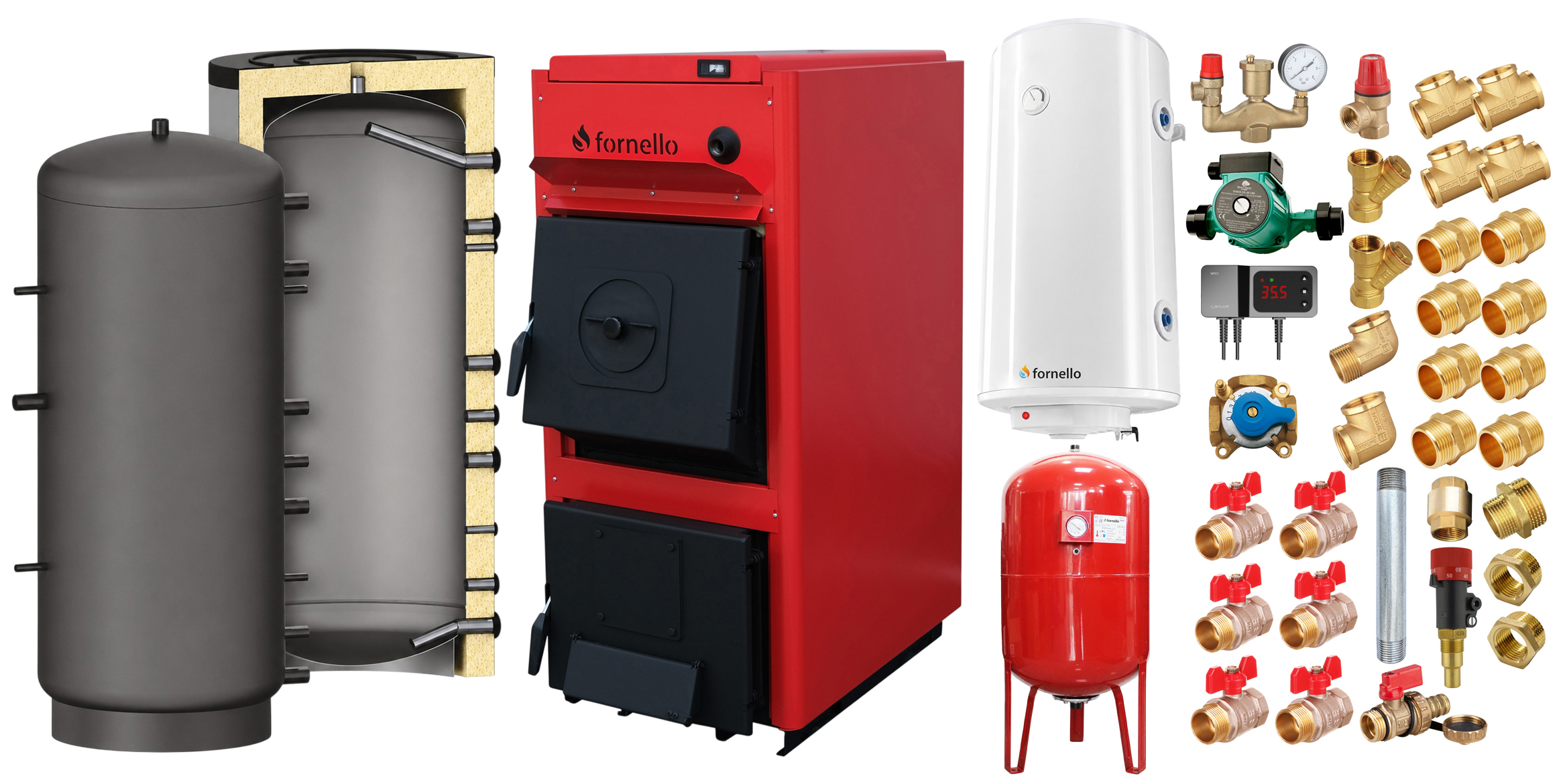 Pachet centrala pe combustibil solid Fornello T-PRO 50 kW, puffer, boiler, vas expansiune, fitinguri si accesorii de baza