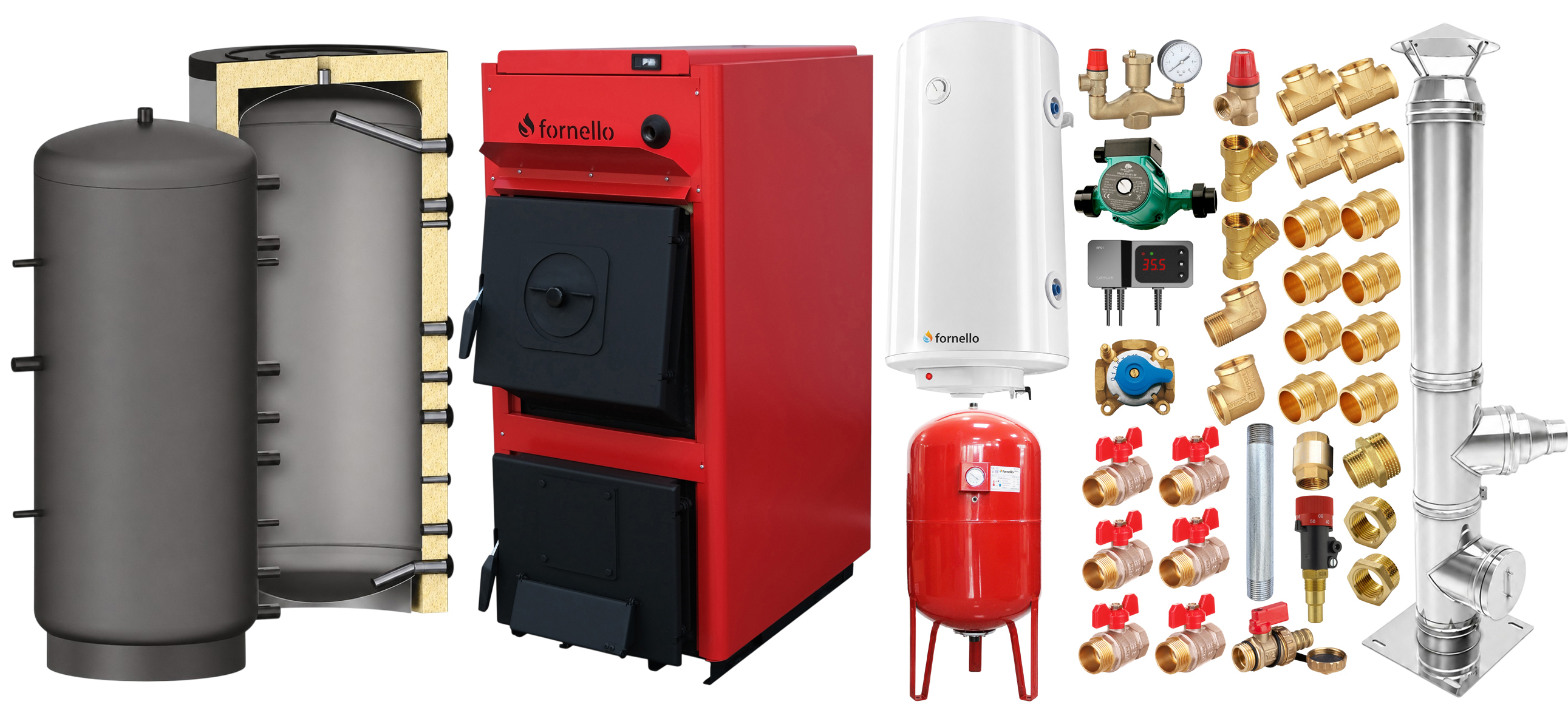 Pachet centrala pe combustibil solid Fornello T-PRO 50 kW, cos inox, puffer, boiler, vas expansiune, fitinguri si accesorii de baza