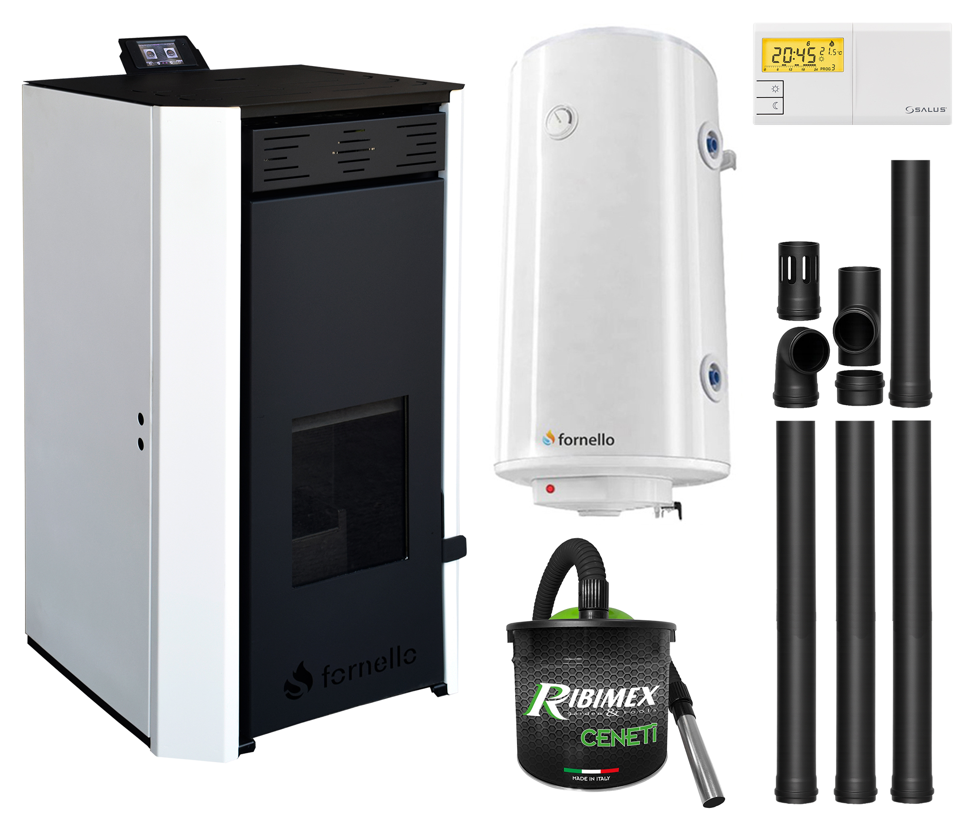 Pachet Termosemineu pe peleti Fornello EVA 30 KW, pompa circulatie, vas expansiune, Grup siguranta, WI-FI, buncar, tiraj fortat, kit evacuare, termostat Salus 091FLRFV2, aspirator, boiler 100L, Clasa A++, recomandat pentru 200 mp, Alb