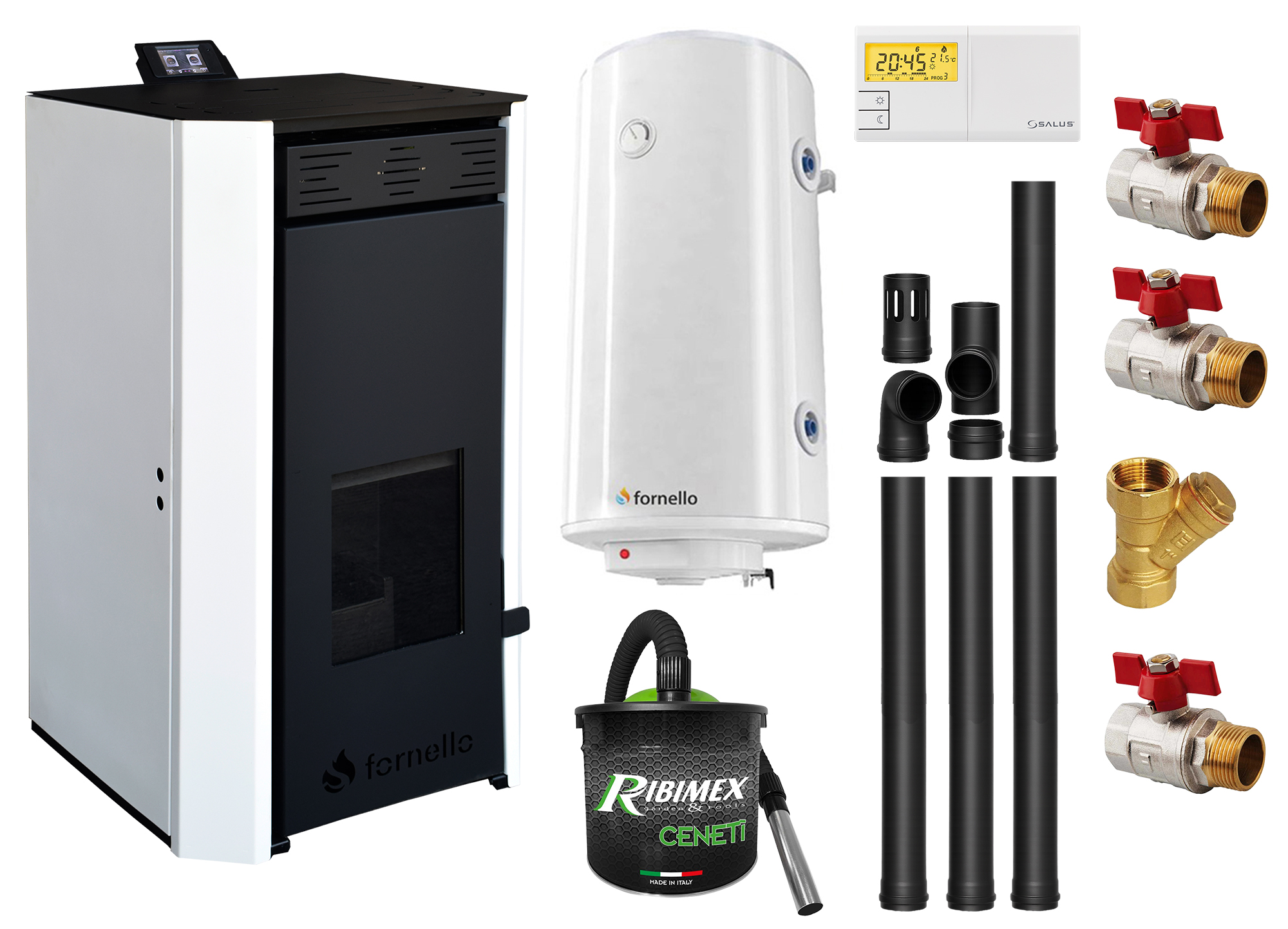 Pachet Termosemineu pe peleti Fornello EVA 30 KW, pompa circulatie, vas expansiune, WI-FI, buncar, tiraj fortat, kit evacuare 3.5 ml, termostat, aspirator, boiler 100L si Fitinguri montaj