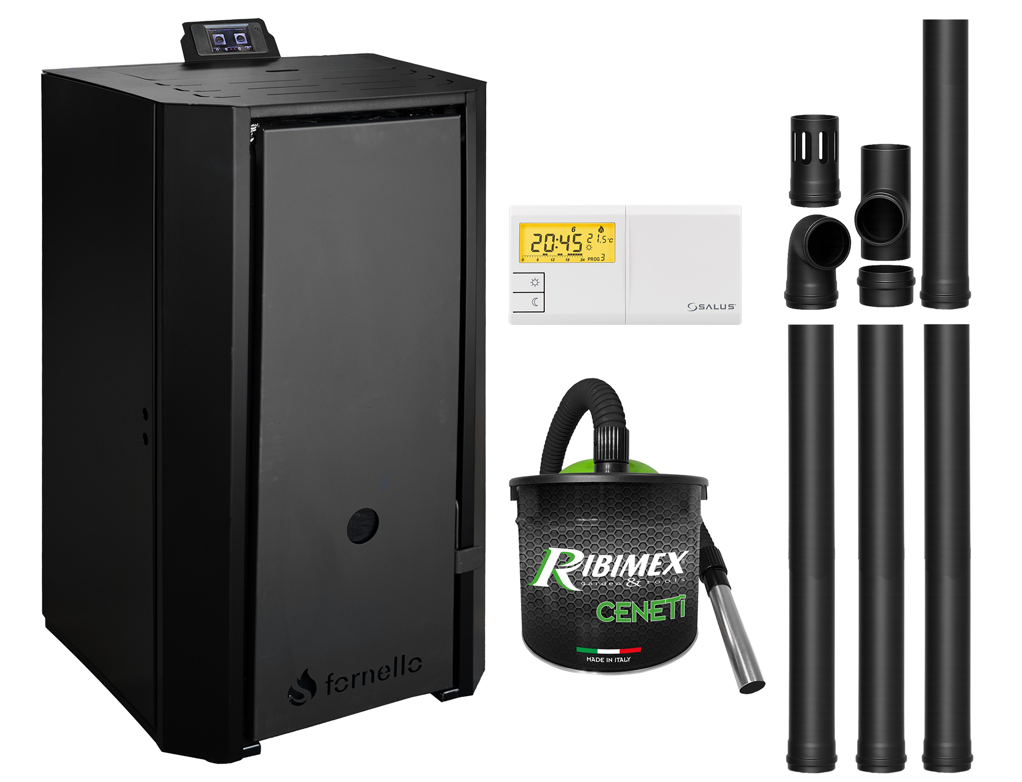Pachet Centrala pe peleti Fornello EVA B Black 30 KW, pompa circulatie, vas expansiune, Grup siguranta, WI-FI, buncar, tiraj fortat, kit evacuare, termostat Salus 091FLRFV2, aspirator, Clasa A++, recomandat pentru 200 mp, Negru