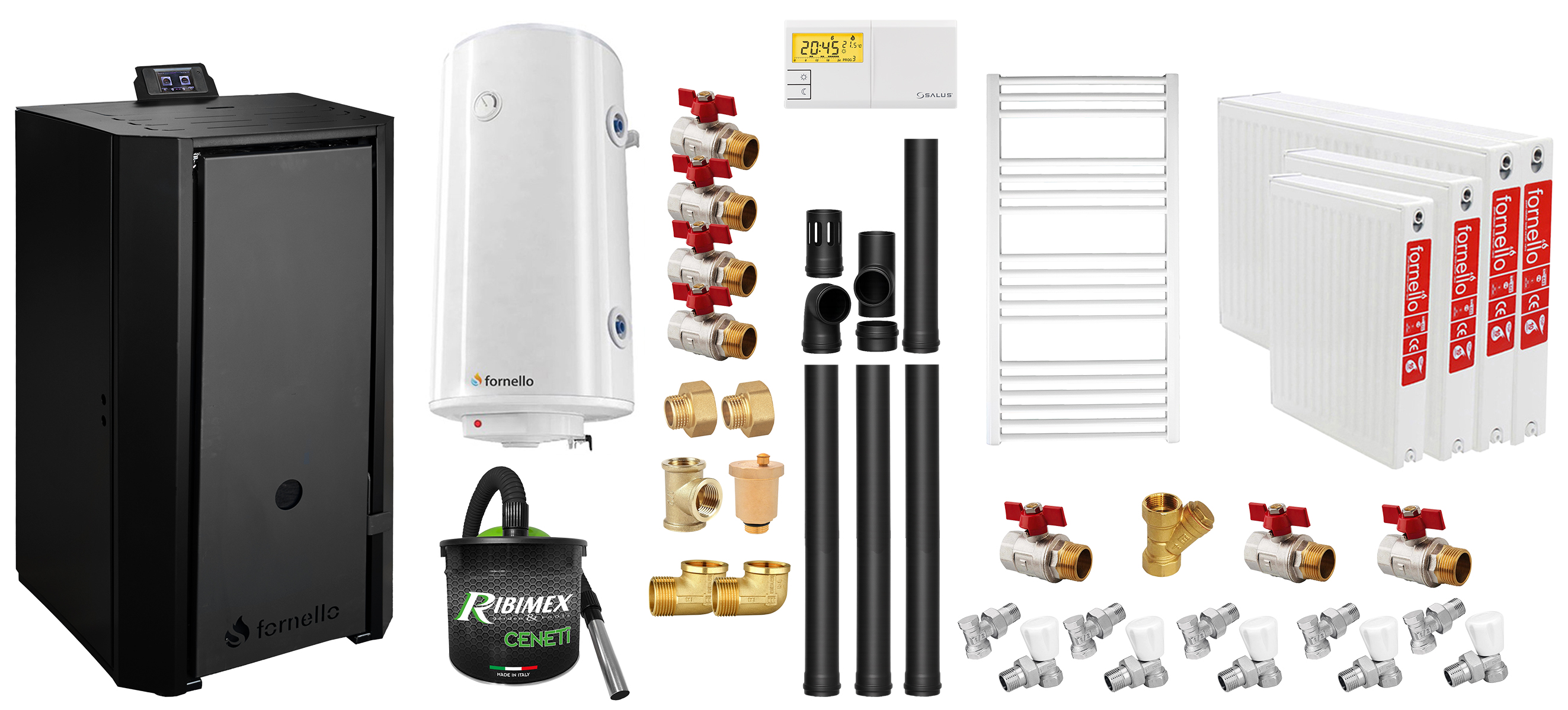 Pachet Centrala pe peleti Fornello EVA B Black 30 KW, pompa circulatie, vas expansiune, WI-FI, buncar, tiraj fortat, kit evacuare 3.5 ml, termostat, aspirator, boiler 100L, Radiatoare otel si Fitinguri montaj