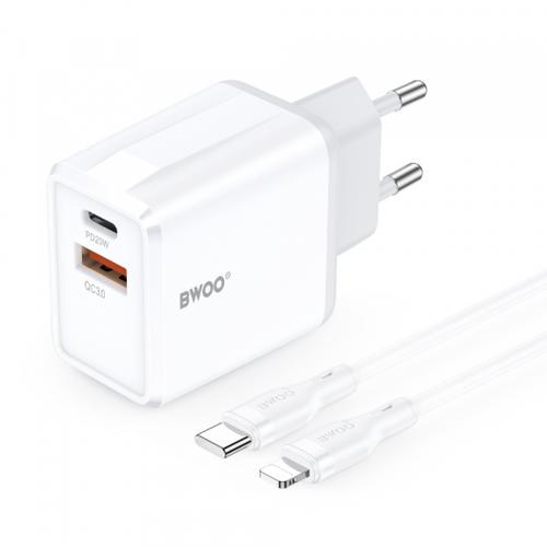 Incarcator Retea Cu Cablu Lightning BWOO CDA182, 38W, 3A, 1 x USB-A - 1 x USB-C (Alb)
