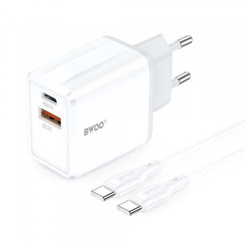 Incarcator Retea Cu Cablu USB-C BWOO CDA182, 38W, 3A, 1 x USB-A - 1 x USB-C (Alb)