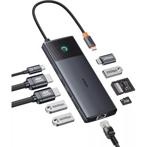 Hub USB-C Baseus Dual Display, 1 x USB-A 3.0 - 2 x USB-A - 2 x USB-C - 2 x HDMI - 1 x RJ45 - 1 x SD - 1 x microSD, B00061800123-01 (Negru)