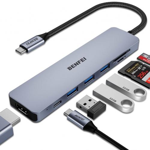 Hub USB-C Benfei, 3 x USB-A 3.0 - 1 x USB-C - 1 x HDMI - 1 x SD - 1 x microSD (Gri)