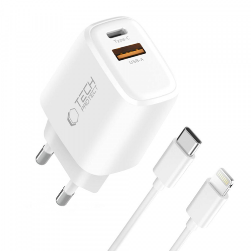 Incarcator Retea Cu Cablu Lightning Tech-Protect NCA20, 20W, 3A, 1 x USB-A - 1 x USB-C (Alb)