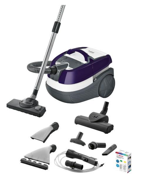 Aspirator cu spalare Bosch AquaWash&Clean BWD41740, 1700 W, 5 l, filtru Epa, perie parchet (Alb/Mov)