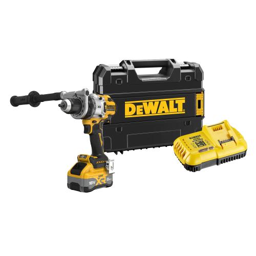Masina compacta de gaurit si insurubat (bormasina) pe acumulator cu percutie DeWALT DCD1007WW1T, 18V, motor fara perii, iluminare LED, 1x acumulator 8 Ah Li-Ion, sistem anti-rotatie, cuplu 169 Nm, 2250 RPM, 38.250 percutii/min, cutie TSTAK,