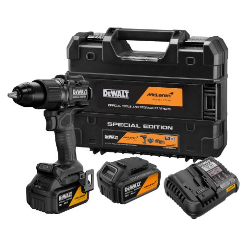 Masina de gaurit si insurubat (bormasina) pe acumulator cu percutie DeWALT DCD86MM2T, editie speciala McLaren, 18V XR, 2x acumulator Li-Ion 4 Ah, motor fara perii, iluminare LED, sistem anti-rotatie, cuplu 90 Nm, 0-2000 RPM, cutie transport