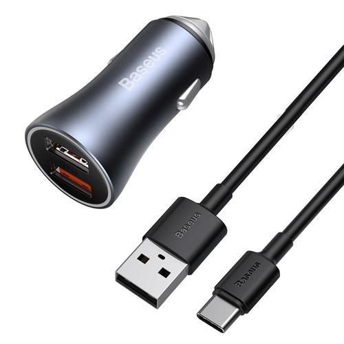 Incarcator auto Baseus, 2 x USB, 40 W, cablu USB-C, Gri