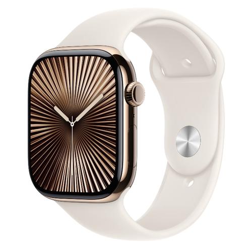 Smartwatch Apple Watch 10 GPS Cellular, Carcasa Gold Titanium  46mm, ecran LTPO OLED, 64GB, curea silicon Starlight Sport Band - M/L (Auriu)