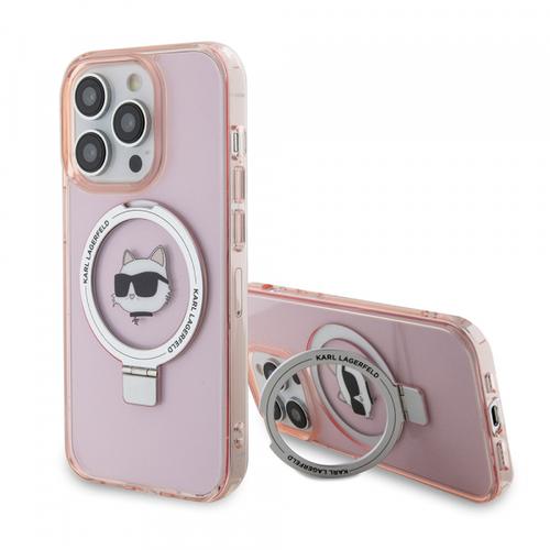 Husa MagSafe pentru Apple iPhone 15 Pro, Karl Lagerfeld, Ring Stand Choupette's Head, Roz