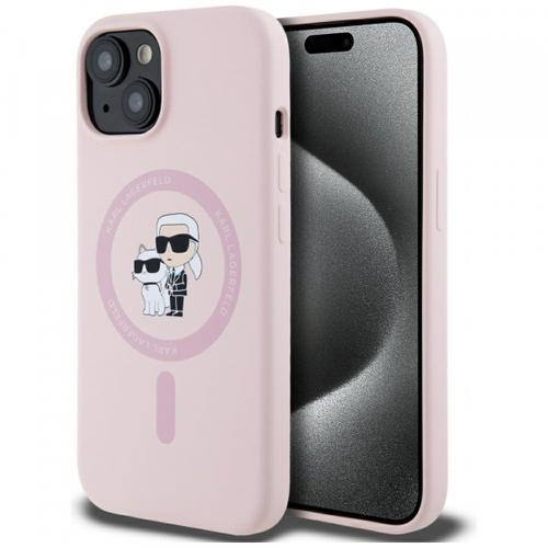 Husa MagSafe pentru Apple iPhone 15, Karl Lagerfeld, Silicone Karl & Choupette, Roz