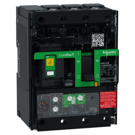 Intreruptor CompPacT NSXm B (25 kA la 415 VAC), 3P 3d, 50A, unitate de declansare Micrologic 4.1, papuci si conectori pentru bare de distributie