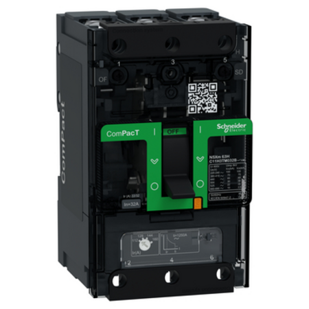 Intreruptor CompPacT NSXm H (70 kA la 415 VAC), 3P 3d, 32A unitate de declansare TMD, urechi de compresie si conectori pentru bare de distributie