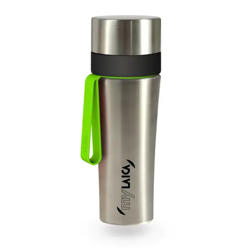 Sticla filtranta Sport myLaica, Inox, 0,55 litri, portabila, Gri/Verde