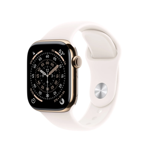 Smartwatch Apple Watch 11, GPS + Cellular, 42mm, Ecran Retina LTPO OLED, Chip S10 cu Procesor Dual-Core, 64GB Flash, Wi-Fi, Bluetooth, Carcasa Titan, Curea Sport Band M/L (Auriu)