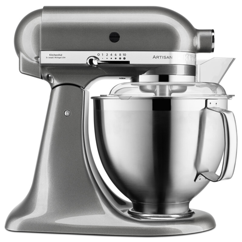 Mixer profesional KitchenAid Artisan Elegance 5KSM185PSEMS, 4.8 l/ 3 l, 300 W, Carlig aluat, Batator 6 fire (Argintiu)